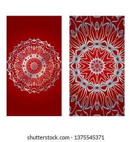 Design Vintage Cards With Floral Mandala Pattern And Ornaments. Vector Illustatration. The Front And Rear Side. Red silver color.