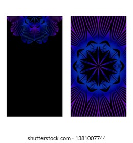 Design Vintage Cards With Floral Mandala Pattern And Ornaments. Vector Template. Islam, Arabic, Indian, Mexican Ottoman Motifs. Hand Drawn Background. Black blue purple color.