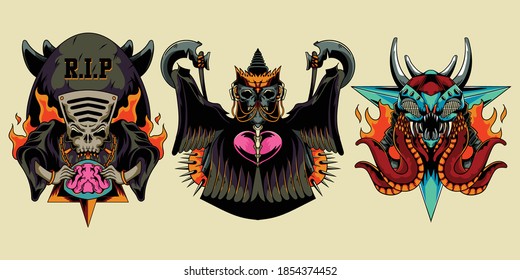 Design Vintage Collection Apparel Retro Skull Brain Grim reaper Sword Heart Spiked Ball Octopus with Mask Cyber in triangle Badge Flame Vector Isolated Illustration