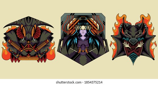 Design Vintage Collection Apparel Retro Flame Character with Scary Head Girl on Prison Cyber Badge Bat and Wings Cable Vector Isolated Illustration