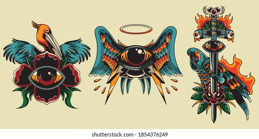 Design Vintage Collection Apparel Retro Bird Eyes Wings Parakeet Pelicans All Seing Eye Swords Flame Angle Flower on Vector Isolated Illustration