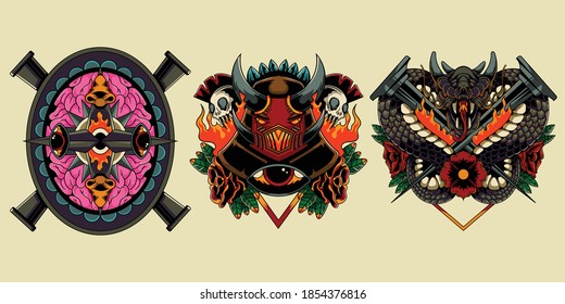 Design Vintage Collection Apparel Retro Symbolic Eyes and Guts Pink Badge Label Head of Knight Skull Flame Dragon with Red Flower Vector Isolated Illustration