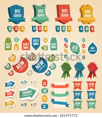 Design vintage elements: tags, stickers, ribbons and other. Vector illustration.