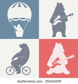 Design vintage illustration Travel Bear on balloon, bear cycling and bear with guitar. Hipster print of bears. Romantic illustration for posters and prints of t-shirt