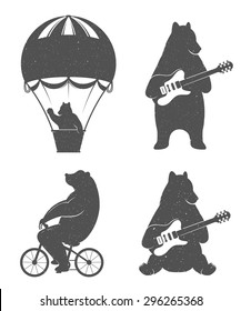 Ilustración vintage Diseño Oso de viaje en globo, bicicleta de oso y oso con guitarra. Huella de osos hipster. Ilustración romántica para carteles e impresiones de camisetas