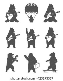 Design vintage illustration Travel Bear on balloon, bear cycling and bear with guitar. Hipster print of bears. Romantic illustration for posters and prints of t-shirt
