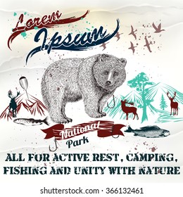 Design of vintage styled poster or flayer for national parks with mountains bear and fish all for active rest camping and fishing