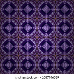 Design in violet, blue and purple colors. Islam, Arabic, Indian, ottoman motifs. Vector multicolor pattern in turkish style. Seamless ceramic tile with colorful patchwork.