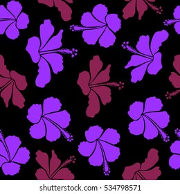 Design in violet and purple colors for invitation, wedding or greeting cards. Hand painted sketch on a black background. Floral seamless pattern with hibiscus flowers. Vector hibiscus floral pattern.