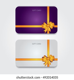 Design violet and white gift card or invitation. Bright bows and Ribbons for holidays. Vector illustration. Template for your design. Design elements