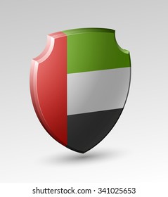 Design volume Shield illustration banner with Abstract Background Flag UAE inside. United Arab Emirates template Art