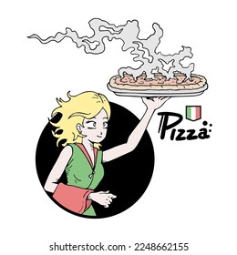 Design of waitress with pizza draw