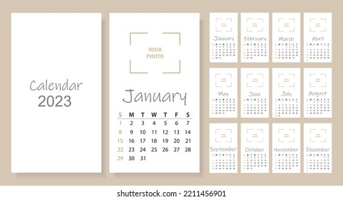 The design of the wall calendar template for 2023. Monthly creative calendar layout. Vector illustration, The week starts on Sunday. 