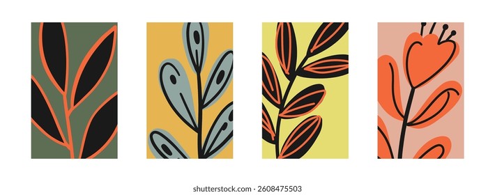 Design wall decoration, poster. Abstract art background with leaves, branches, and hand-drawn doodle Scribble floral plants.
