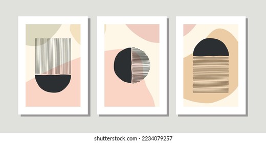 Design for wall framed prints, canvas prints, poster, home decor, cover, wallpaper. Modern abstract arts vector collection. Soft tones hand drawn line organic shape art. Round rectangular line version