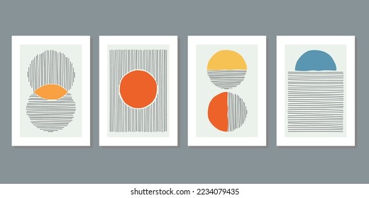 Design for wall framed prints, canvas prints, poster, home decor, cover, wallpaper. Modern abstract arts vector collection. Soft tones hand drawn line organic shape art. Round rectangular line version