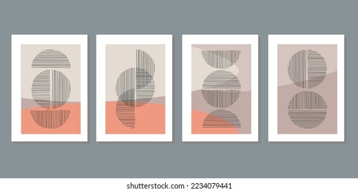 Design for wall framed prints, canvas prints, poster, home decor, cover, wallpaper. Modern abstract arts vector collection. Soft tones hand drawn line organic shape art. Round rectangular line version