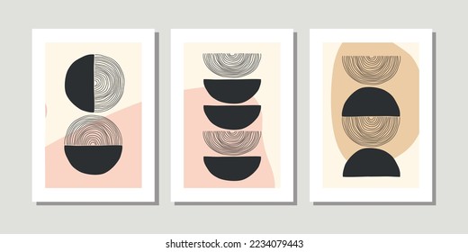 Design for wall framed prints, canvas prints, poster, home decor, cover, wallpaper. Modern abstract arts vector collection. Soft tones hand drawn line organic shape art. Round rectangular line version