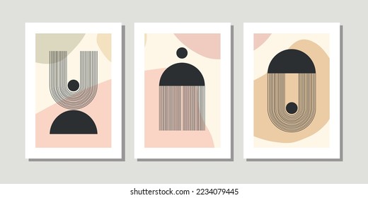Design for wall framed prints, canvas prints, poster, home decor, cover, wallpaper. Modern abstract arts vector collection. Soft tones hand drawn line organic shape art. Round rectangular line version