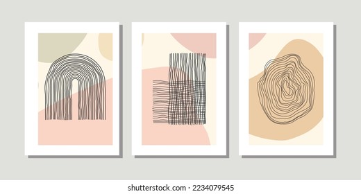 Design for wall framed prints, canvas prints, poster, home decor, cover, wallpaper. Modern abstract arts vector collection. Soft tones hand drawn line organic shape art. Round rectangular line version