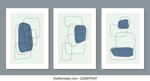 Design for wall framed prints, canvas prints, poster, home decor, cover, wallpaper. Modern abstract arts vector collection. Soft tones hand drawn line organic shape art. Round rectangular line version
