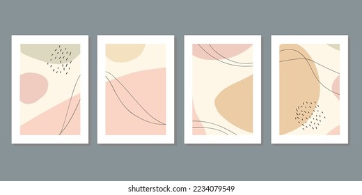 Design for wall framed prints, canvas prints, poster, home decor, cover, wallpaper. Modern abstract arts vector collection. Soft tones hand drawn line organic shape art. Round rectangular line version