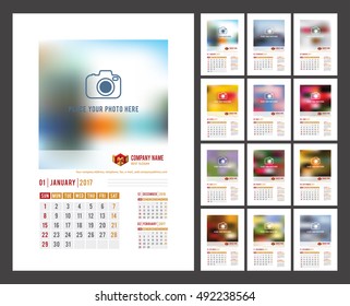 Design of Wall Monthly Calendar for 2017 Year. Print Template with Place for Photo, Your Logo and Text. Week Starts Sunday. Portrait Orientation. Set of 12 Months. Stock Vector.