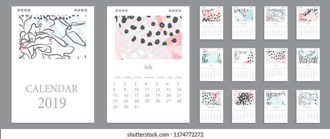Design of wall monthly Calendar for 2019 year. Hand drawn pastel background. Set of creative 12 calendar pages.  Print Template, week starts Sunday.