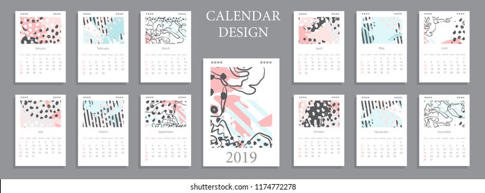 Design of wall monthly Calendar for 2019 year. Hand drawn pastel background. Set of creative 12 calendar pages.  Print Template, week starts Sunday.