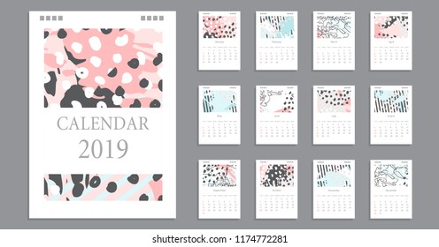 Design of wall monthly Calendar for 2019 year. Hand drawn pastel background. Set of creative 12 calendar pages.  Print Template, week starts Sunday.