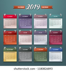 Design of wall monthly calendar for 2019 year. Print template with set of 12 month. Week starts monday. Vector.