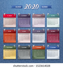 Design of wall monthly calendar for 2020 year. Print template with set of 12 month. Week starts sunday. Vector.