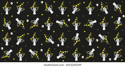 Design wallpaper print with Trippy Toadstool on black background. Seamless pattern with Cartoon Mushroom. Vector illustration can used t-shirt and textile print. EPS 10