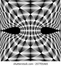 Design warped diamond trellised backdrop. Abstract geometric monochrome element. Vector art. No gradient