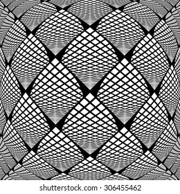 Design warped monochrome checked geometric pattern. Abstract grid textured background. Vector art