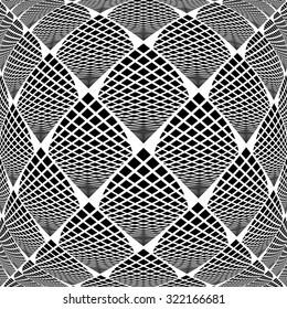 Design warped monochrome checked geometric pattern. Abstract grid textured background. Vector art