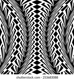 Design warped monochrome vertical geometric pattern. Abstract stripy textured background. Vector art. No gradient