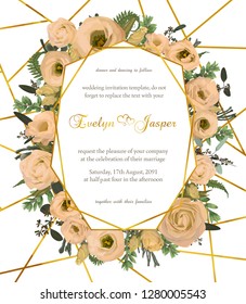 Design watercolor vector geometric golden frame on a white background forest fern, boxwood eucalyptus branches, brunia and flowers eustoma cream. Wedding invitations, postcards
