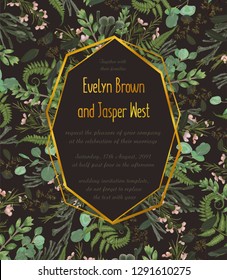 Design watercolor vector geometric golden frame on a brown background with leaves of forest fern, boxwood and eucalyptus branches, brunia. Can be used for wedding invitations, postcards, posters