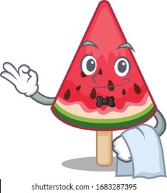 A design of watermelon ice cream cartoon character working as waiter