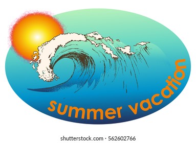 Design with wave as symbol of summer vacation. Engraved style. Vector illustration