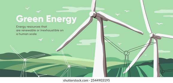 Design of web banner about renewable green energy. Wind turbines for generation eco clean power. Modern windmills, propellers to get alternative, sustainable electricity. Flat vector illustration.