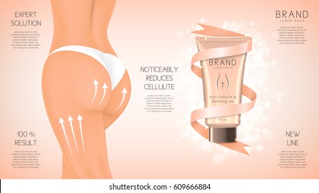 Design of web banner with anti-cellulite cream in tube. Advertising of means for care of body skin for women. Concept of cosmetic cream. Vector illustration.