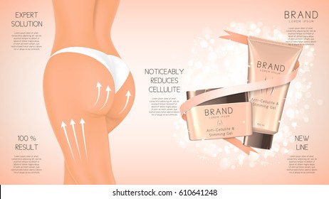 Design of web banner with anti-cellulite cream in jar and tube. Concept of cosmetic cream. Vector illustration. Advertising of means for care of body skin for women.