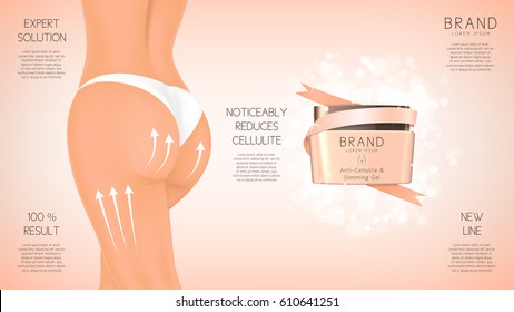 Design of web banner with anti-cellulite cream in jar. Concept of cosmetic cream. Vector illustration. Advertising of means for care of body skin for women.