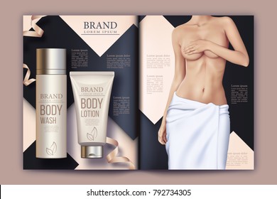 Design of web banner with cosmetic set. Advertising of means for care of body skin for women. Concept vector illustration of cosmetic set.