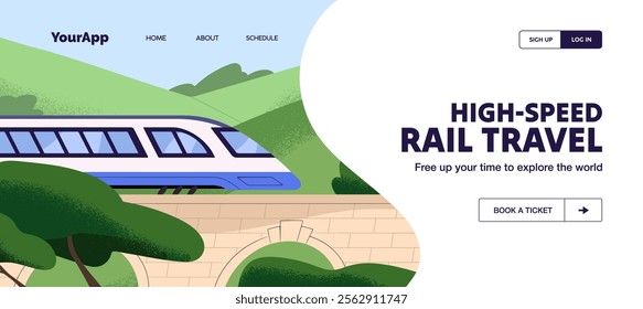 Design of web banner, page of express rail travel by modern passenger train. Template of website about railway journey, railroad tourism. Carriages go on monorail road. Flat vector illustration