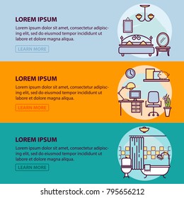 Design of web banner template with outline icons of interior design and art, home apartment decorating work. Vector illustration template for infographic or website for your design