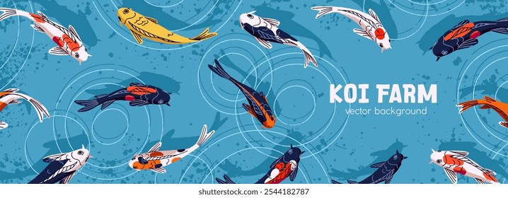 Design de banner web com vista superior de Koi em água azul tranquila. Modelo de fundo com carpas japonesas decorativas na lagoa. Peixes orientais e asiáticos nadam no lago em layout. Ilustração de vetor plano