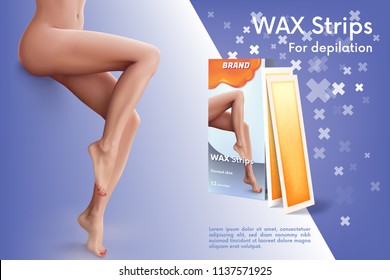 Design of web banner with wax strips. Advertising of means for care of body skin for women. Concept vector illustration of wax strips with beautiful woman's legs.